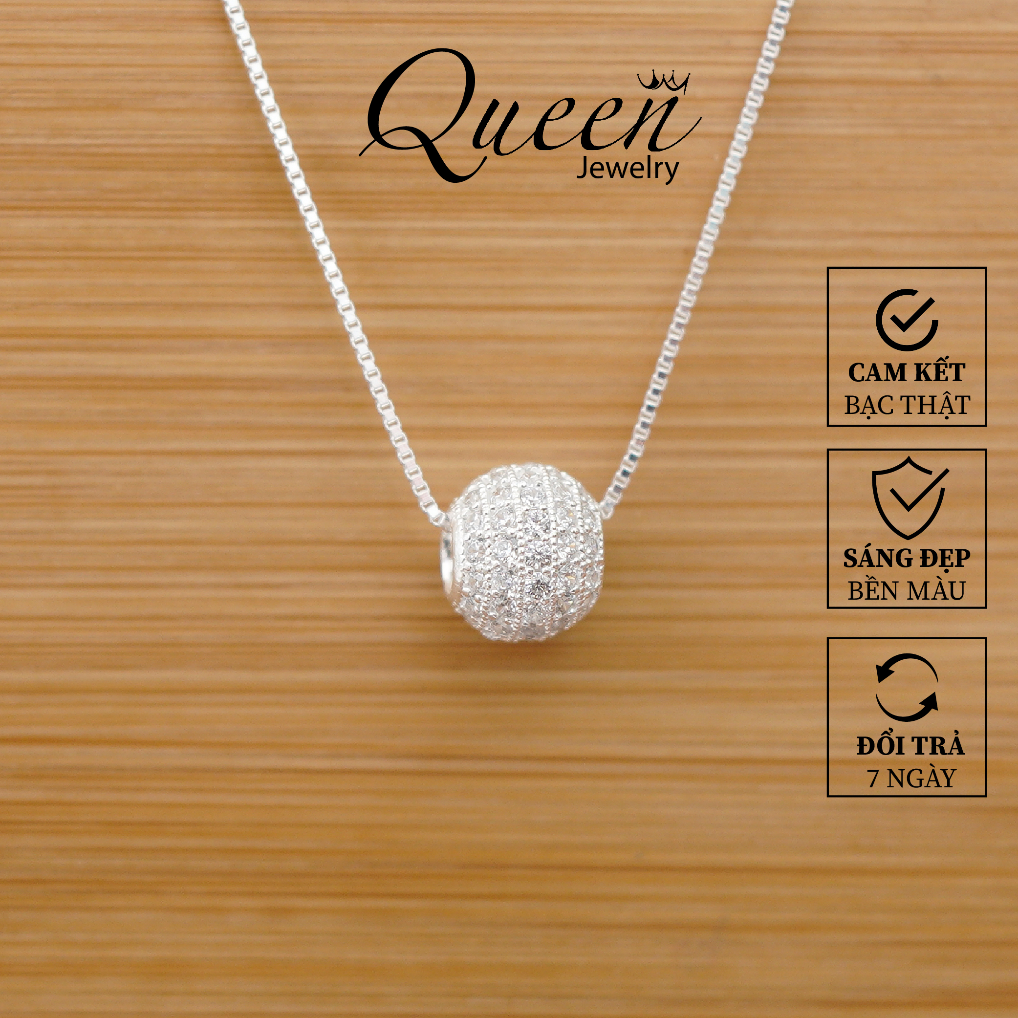 Dây chuyền nữ bạc thật mặt quả cầu đính đá nhỏ trẻ trung ,Trang sức bạc Queen cam kết bạc chuẩn chất lượng, bảo hành trọn đời sản phẩm