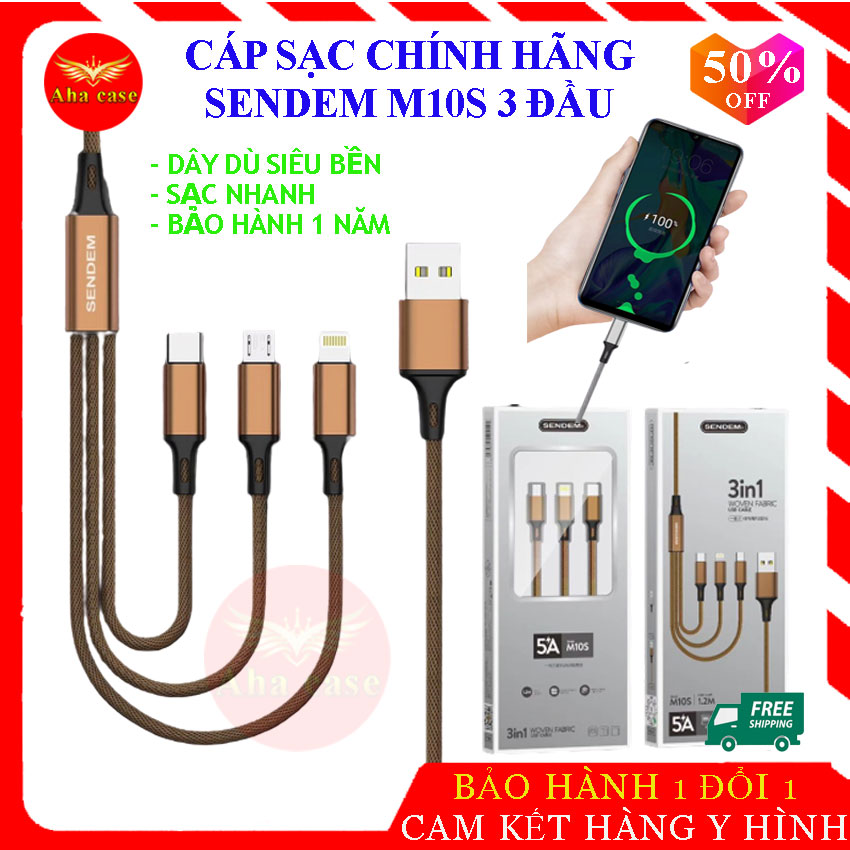 Cáp sạc đa năng 3 trong 1, chính hãng Sendem M10s, có 3 chân sạc Lightning ip, Micro Usb, Type C trên 1 dây sạc, dòng điện nhanh 5A, dây dù chống đứt, bảo hành 1 năm