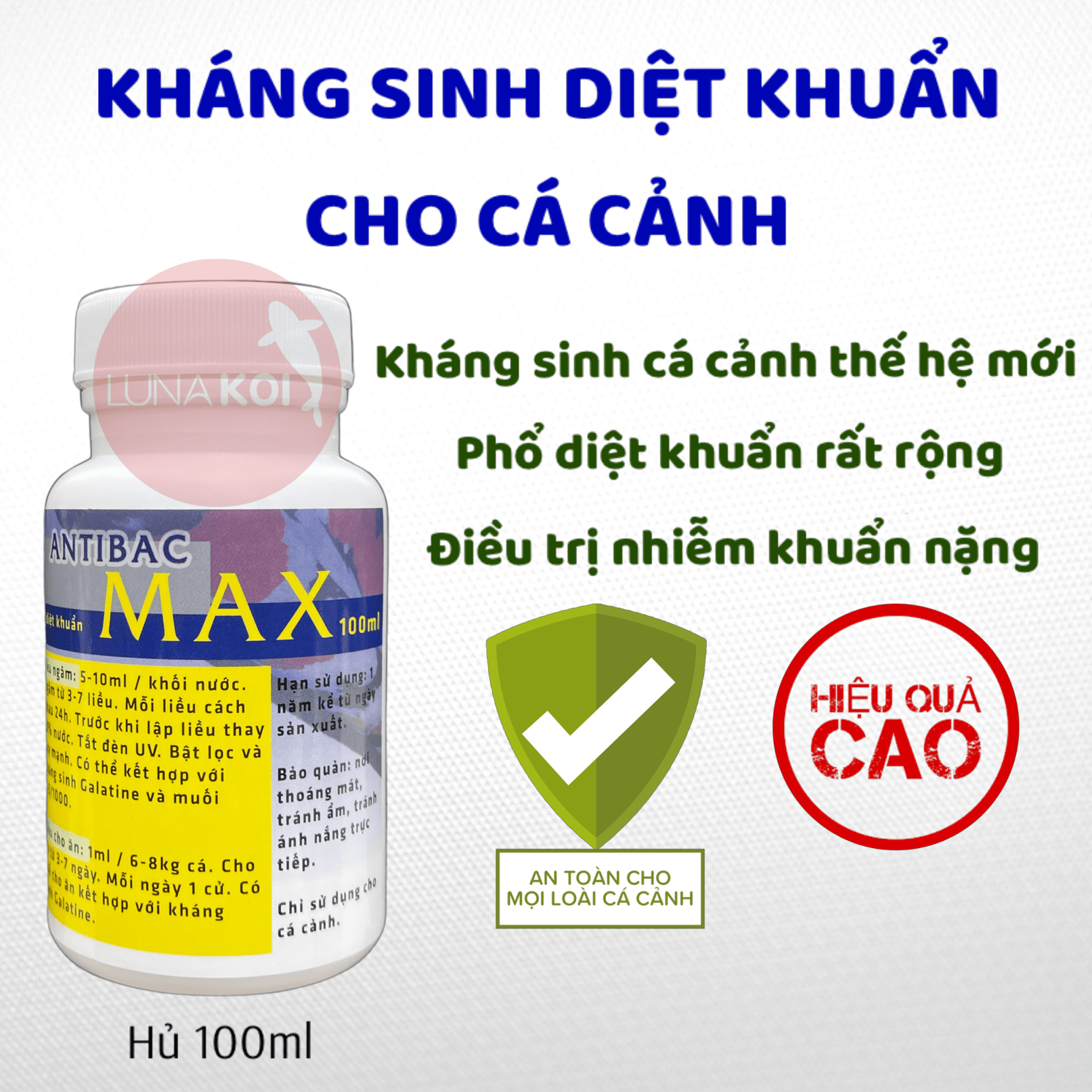 Antibac MAX diệt khuẩn cá cảnh, bệnh nhiễm khuẩn, lở loét, đục mắt, thối mang cá cảnh, cá Koi