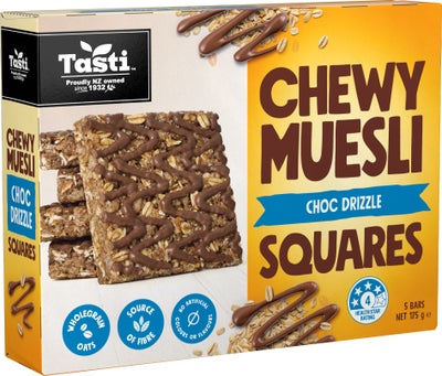 HỘP 5 THANH NGŨ CỐC SOCOLA Tasti Muesli Chewy Squares, Choc Drizzle / Double Choc / Strawberry & White Choc, 175g