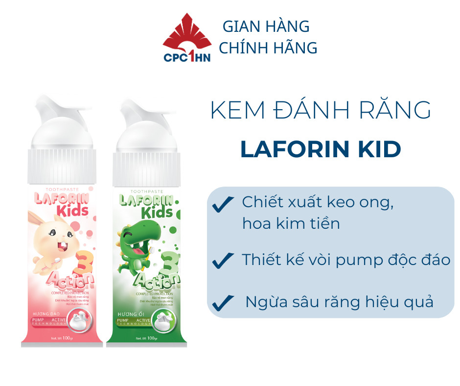 Kem đánh răng cho bé Laforin Kids 12M+ trẻ em nuốt được 75g vị Đào và vị Ổi