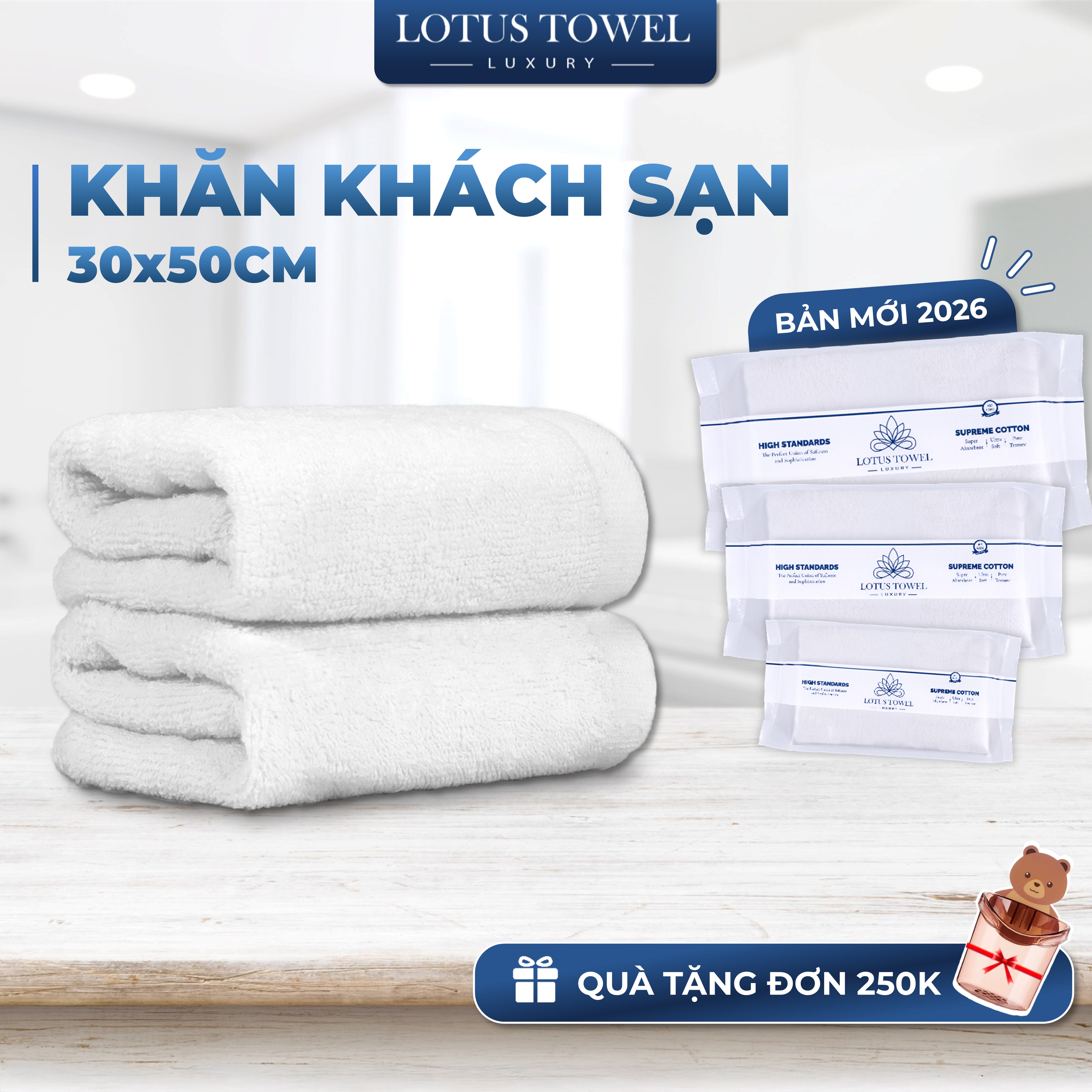 Khăn Mặt Khách Sạn 30x50cm LOTUS 100% Cotton, Mềm Mịn Thấm Hút Không Phai Màu