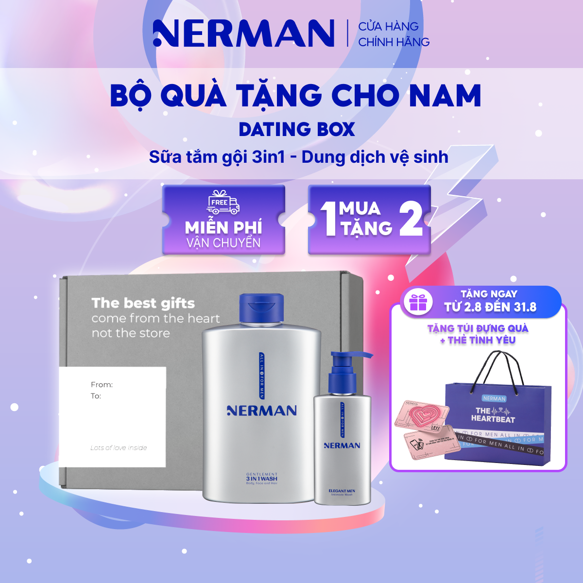 Bộ quà tặng cho nam Dating Box - Sữa Tắm Gội Gentleman 3-In-1 Hương Nước Hoa Cao Cấp 350ml & Gel Vệ Sinh Nam Elegant 50g
