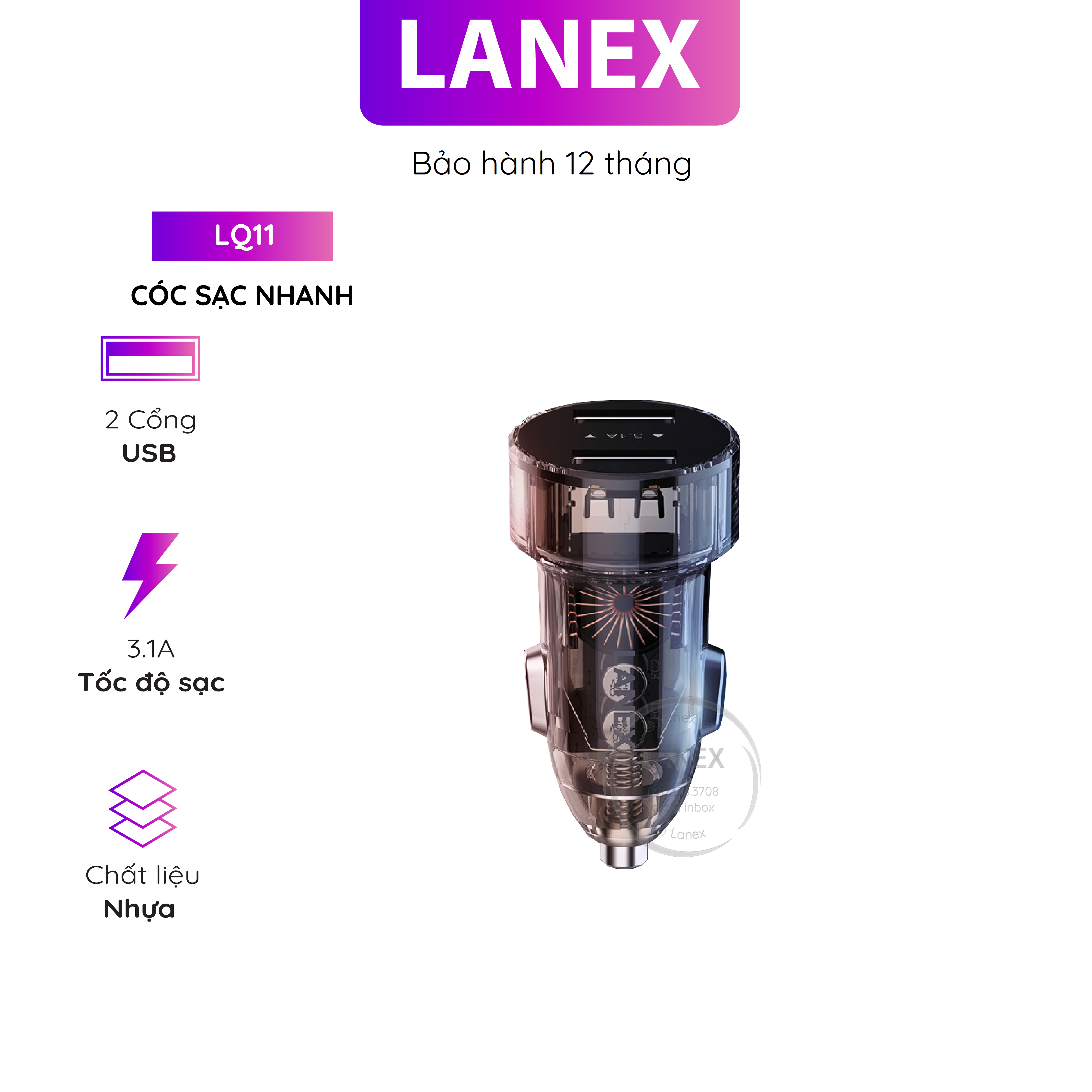 Cóc sạc nhanh lanex lq11 xe hơi nhựa trong suốt 2 cổng usb 3.1a