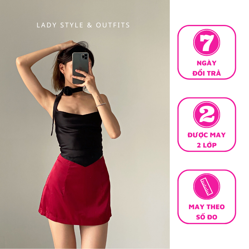 Áo dây lụa cổ đổ vạt nhọn dây đan chéo sau lưng kèm dây hoa đeo cổ lady style & outfits