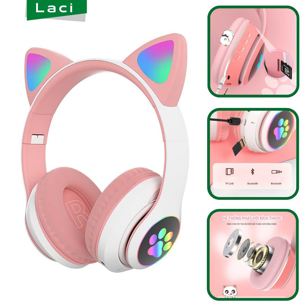 Tai nghe bluetooth Tai nghe chụp tai STN-28 Tai Mèo Phát Sáng, Có Thể Gập Lại kết nối bluetooth 5.0 - Nghe Nhạc MP3 Có Mic AUX IN Thẻ TF Đèn LED Nhiều Màu Sắc