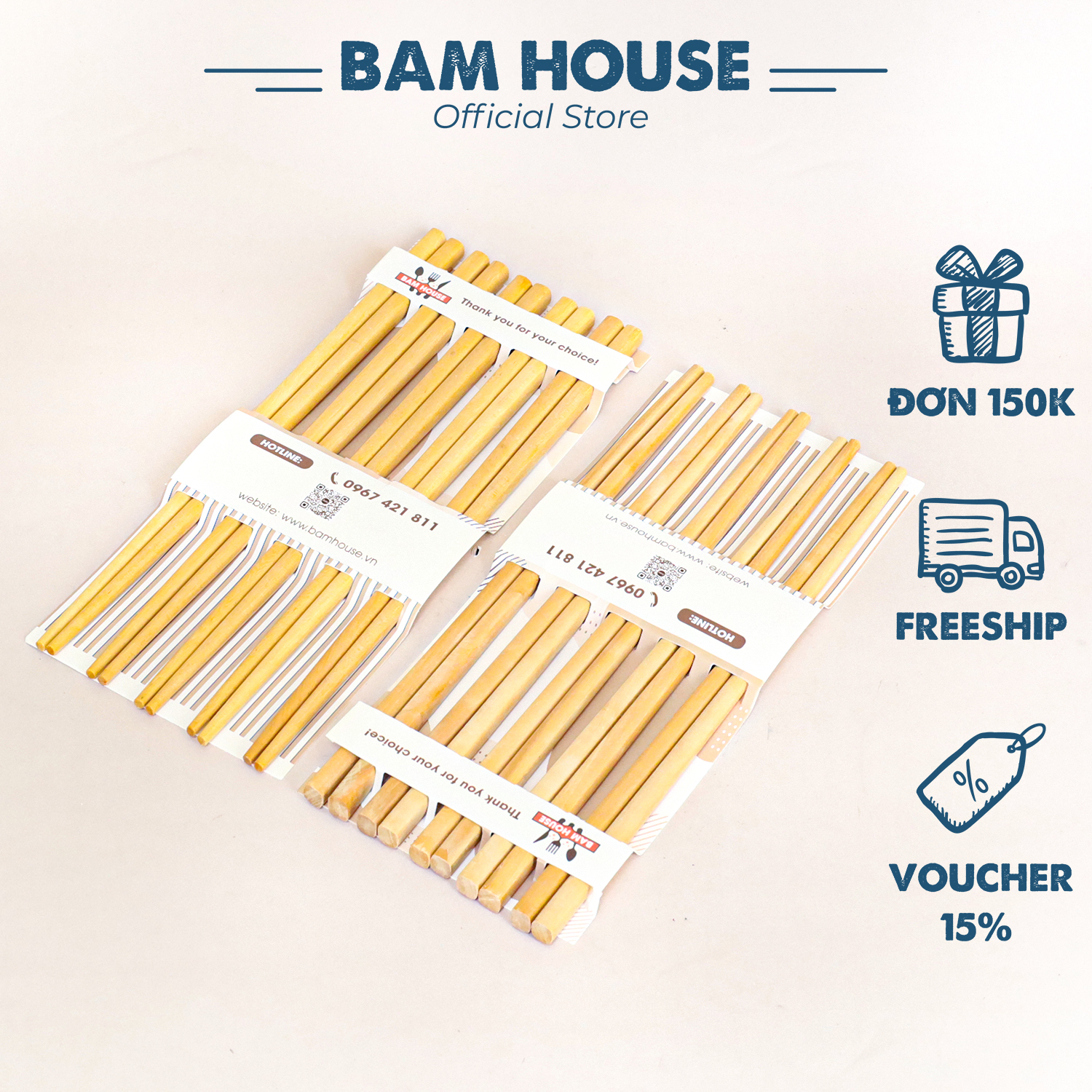 Bộ 10 đôi đũa gỗ xương gà và gỗ sao Bam House màu be cao cấp thân thiện môi trường DXG03