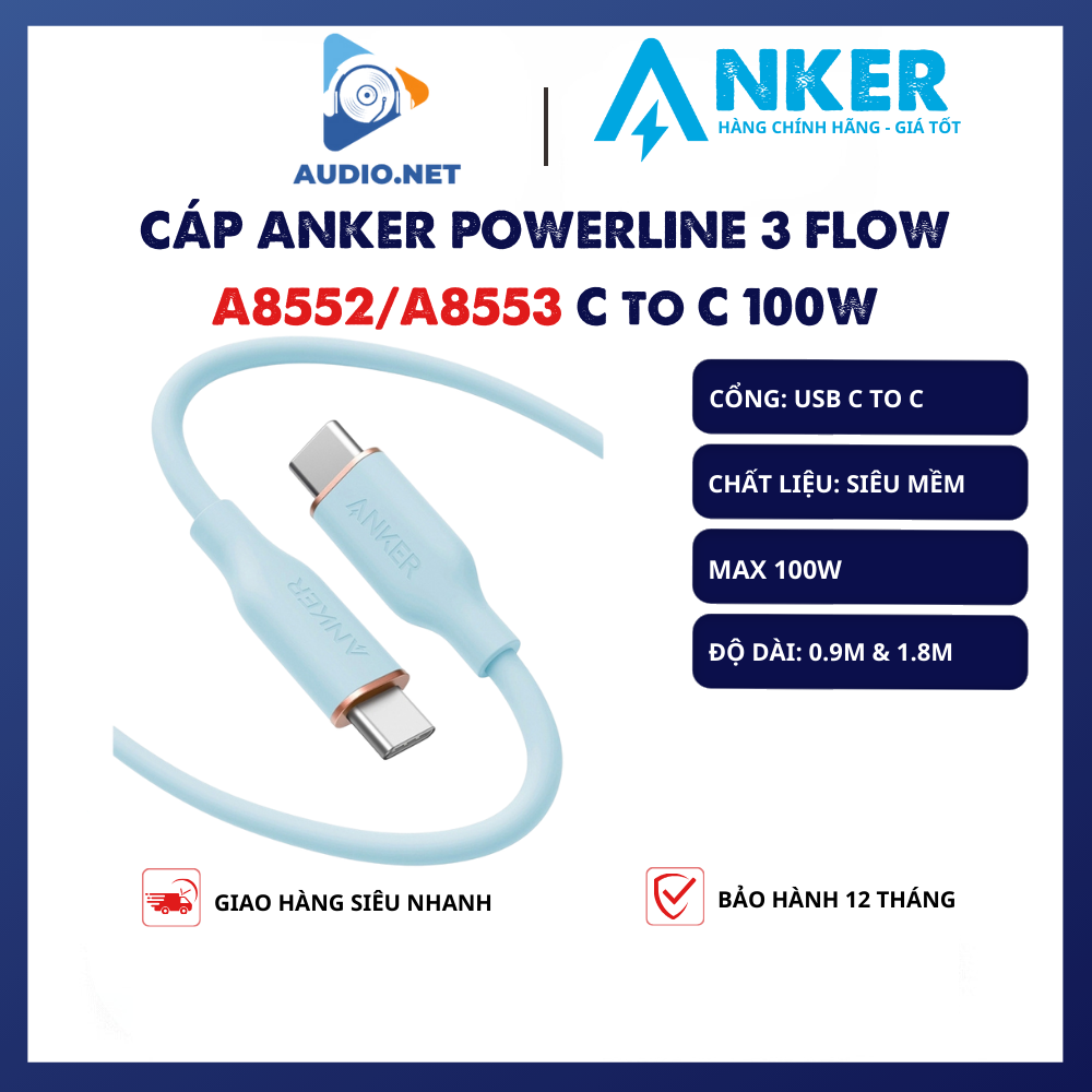 Cáp sạc nhanh anker a8552 / a8553 powerline iii flow c to c 100w 0,9m / 1,8m - bảo hành 12 tháng