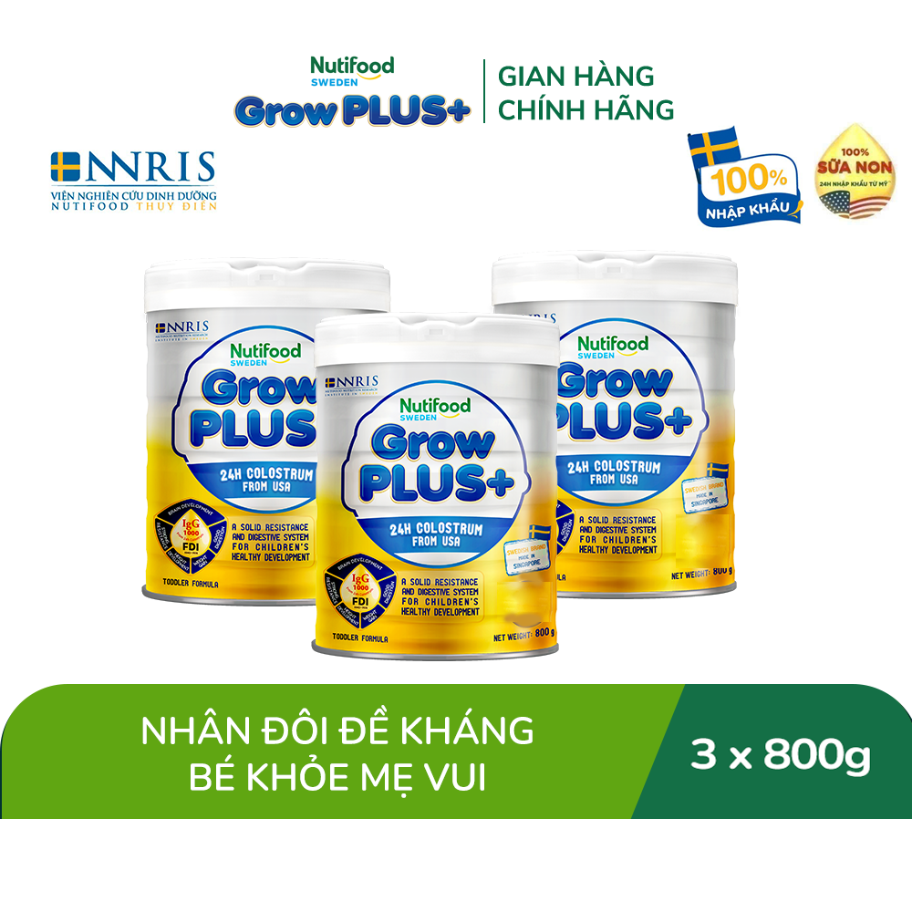 Combo 3 Sữa Bột Nutifood GrowPLUS+ Sữa Non - Hỗ Trợ Tăng Cường Đề Kháng 800g - Tăng Cường Hệ Miễn Dịch, Tiêu Hóa Tốt (3 Lon x Lon 800g)- Bao bì thay đổi theo đợt nhập hàng