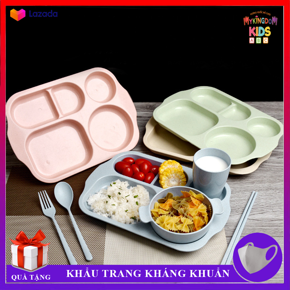 Trọn Bộ Khay Đựng Thức Ăn Cho Bé - 6 Món ( Khay + Bát + Cốc + Thìa+ Đũa + Dĩa ) - Chất Liệu Nhựa Lúa Mạch An Toàn Cho Bé