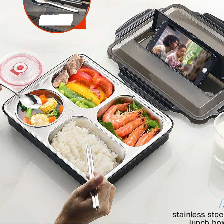 Hộp Cơm Văn Phòng Khay Inox 5 Ngăn  Có Bát Để Canh Bọc Nhựa Bên Ngoài - Có Giá Điện Thoại Tặng Thìa Đũa Inox Cao Cấp