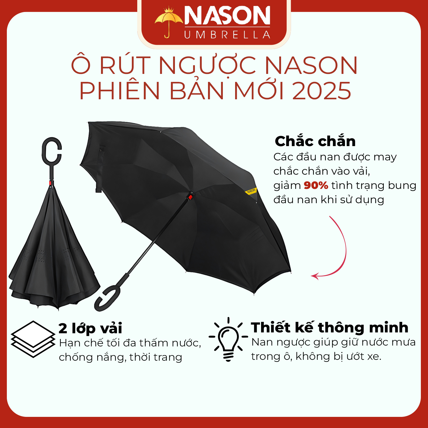 Ô Dù Che Mưa Rút Ngược Nason FlipBrella Dành Cho Ô Tô Thiết Kế 2 Lớp Vải Cán Móc Treo Chữ C Tiện Lợi