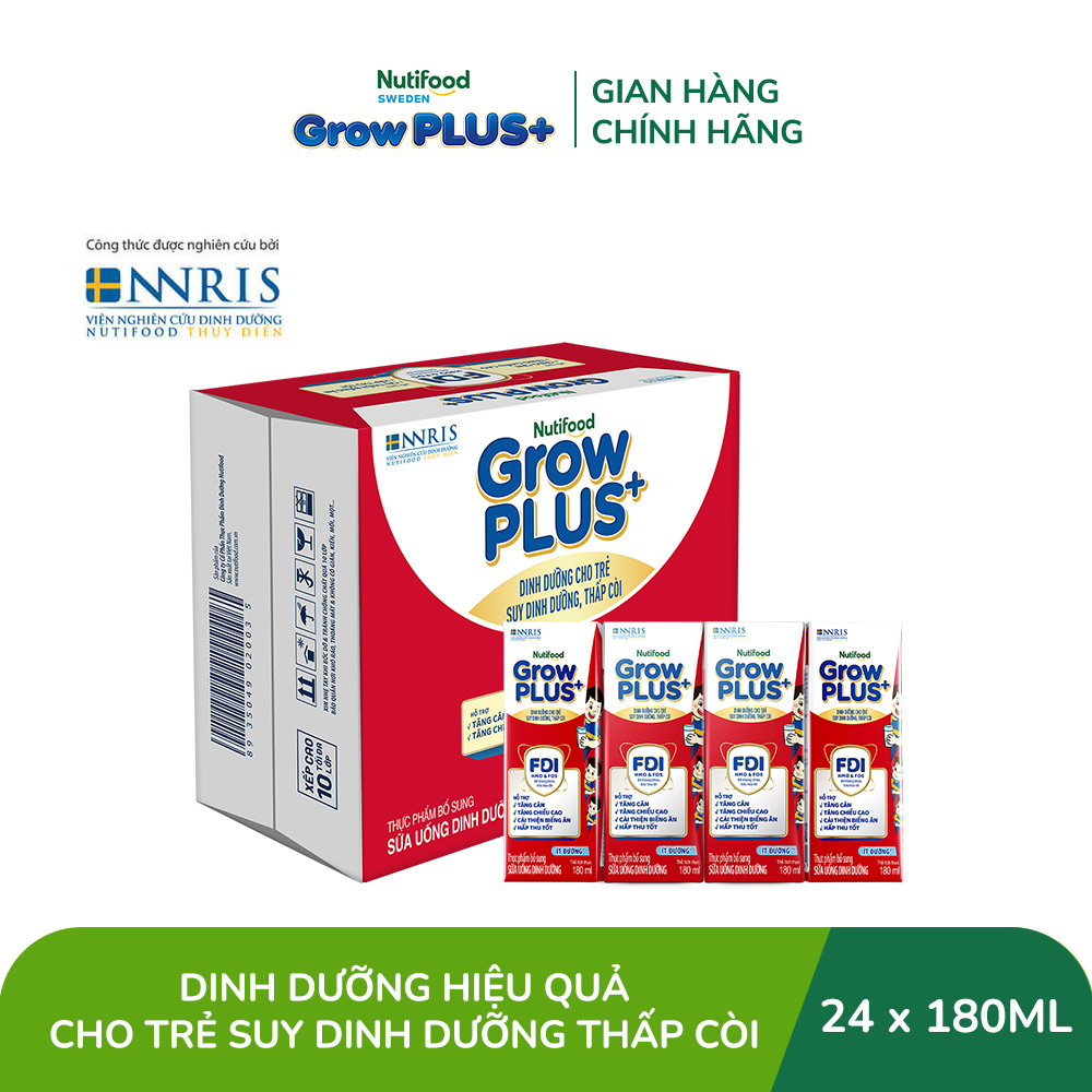 Thùng 24 hộp Sữa Nước Pha Sẵn Nutifood GrowPLUS+ Suy Dinh Dưỡng (Đỏ) - Hỗ trợ tăng cân, tăng chiều cao Ít đường 180ml - Trên 1 tuổi (Bao bì tùy đợt nhập hàng)