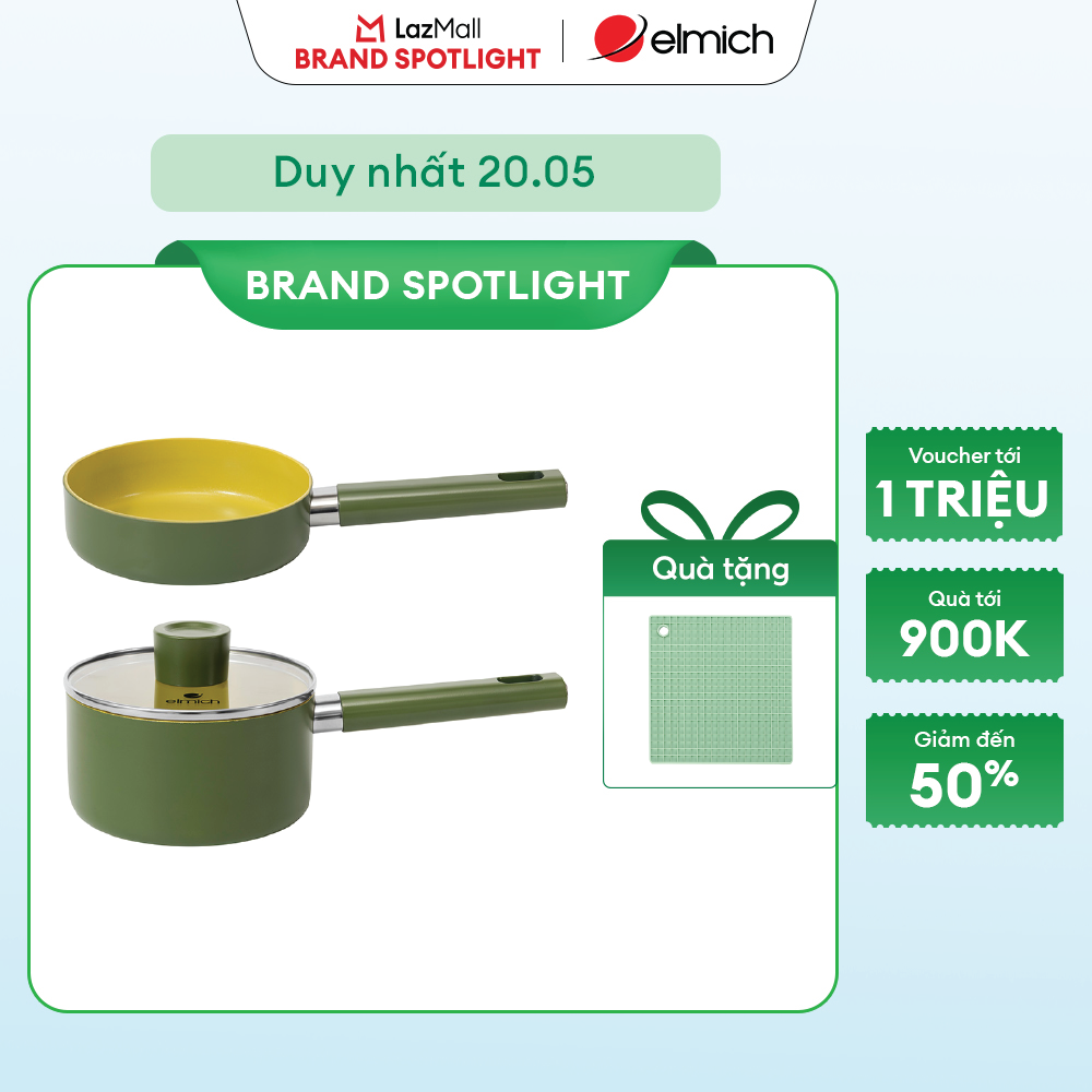 (Chỉ 25-29.05)Bộ nồi chảo phủ sứ an toàn Elmich Olive Baby full induction El-5234OV size 16cm