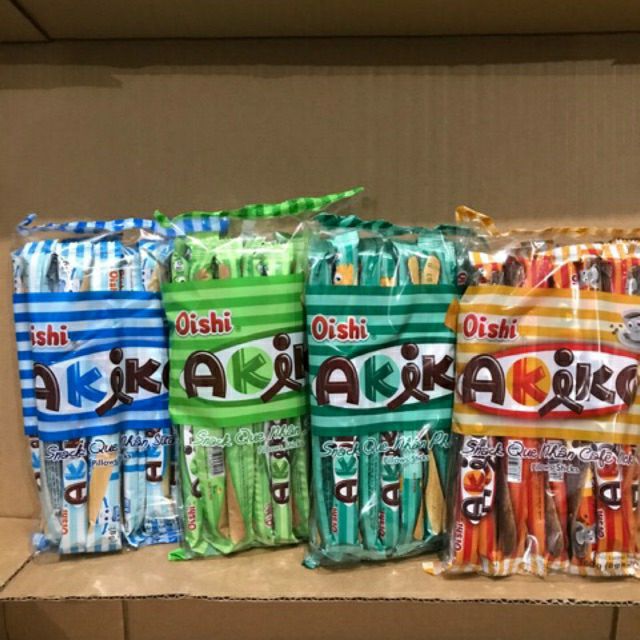 10 Bịch bánh que Akiko. Mỗi bịch gồm 20 que bánh ống nhân kem Akiko của oshi có 6 vị