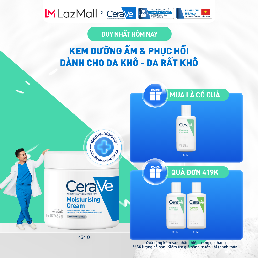 Kem dưỡng ẩm phục hồi sâu và ẩm mịn suốt 48H dành cho da khô, duy trì hàng rào bảo vệ da CERAVE MOISTURISING CREAM 454G