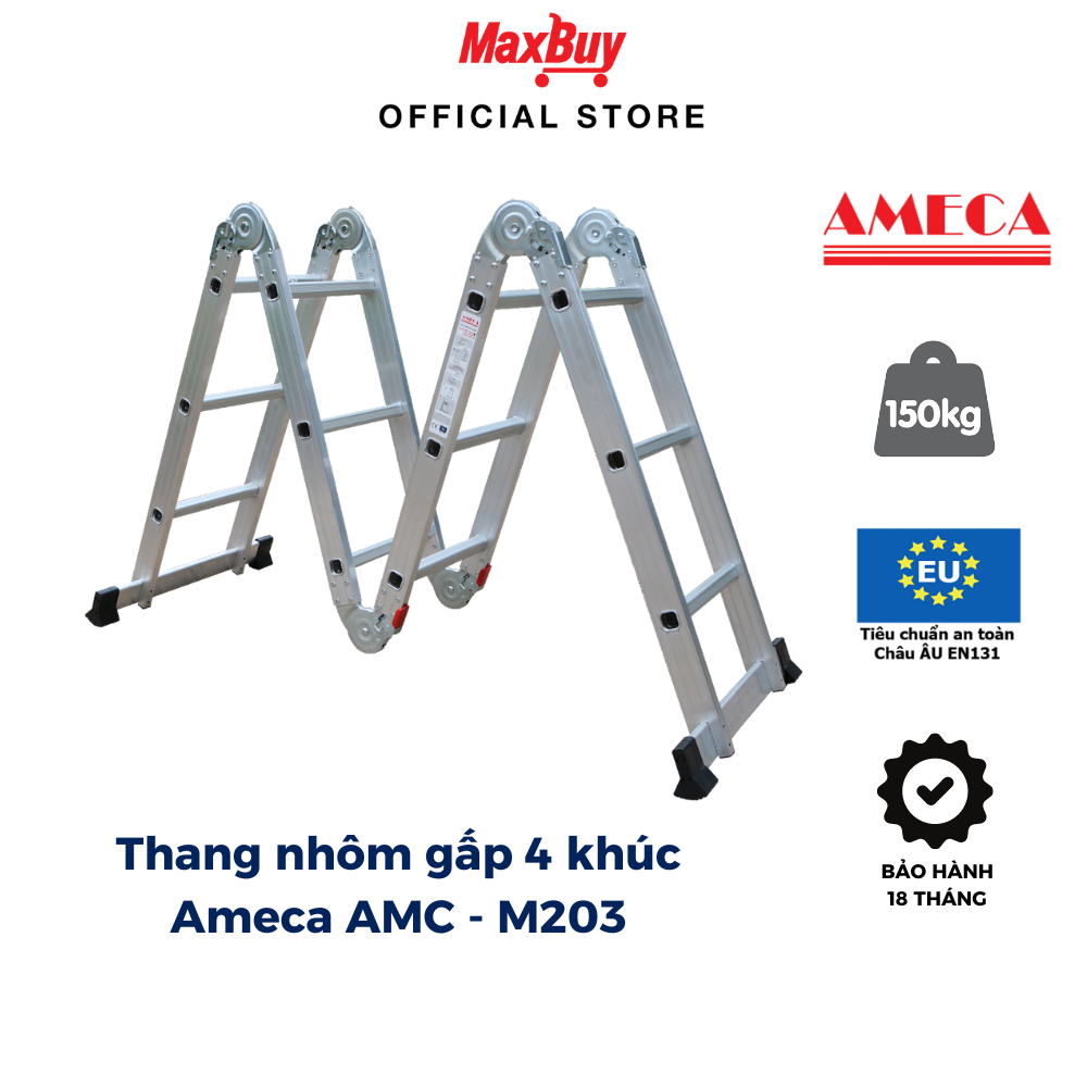 Thang nhôm gấp 4 khúc 3 bậc Ameca Gấp gọn Linh hoạt Chiều cao Amax 1m75 Imax 3m6 Bảo hành 18 tháng AMC M203