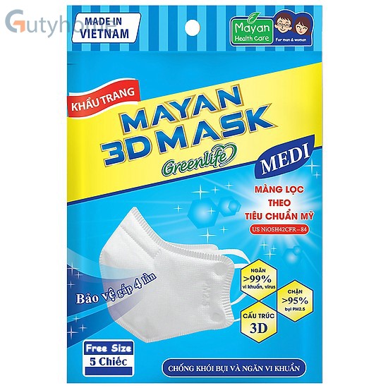 Khẩu Trang Mayan 3D Mask Medi PM2.5 Người lớn 5 chiếc túi màu trắng tiêu