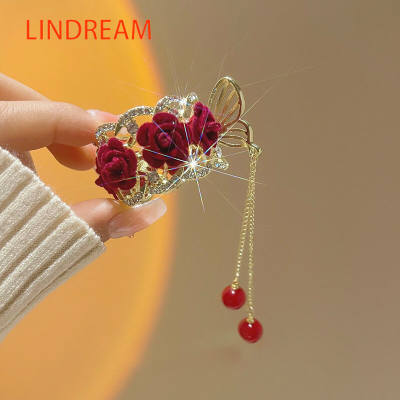LINDREAM Kẹp tóc kiểu đuôi ngựa cao kiểu Pháp tua rua hoa hồng chất lượng cao kẹp tóc kiểu tóc đuôi ngựa chống xẹp