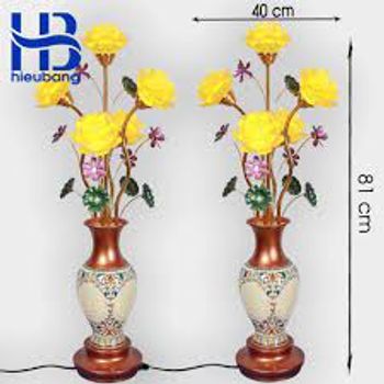 Đôi đèn hoa sen ngọc lưu ly 5 bông cao 81cm uốn mềm bầu sứ cao cấp, đèn thờ lưu ly