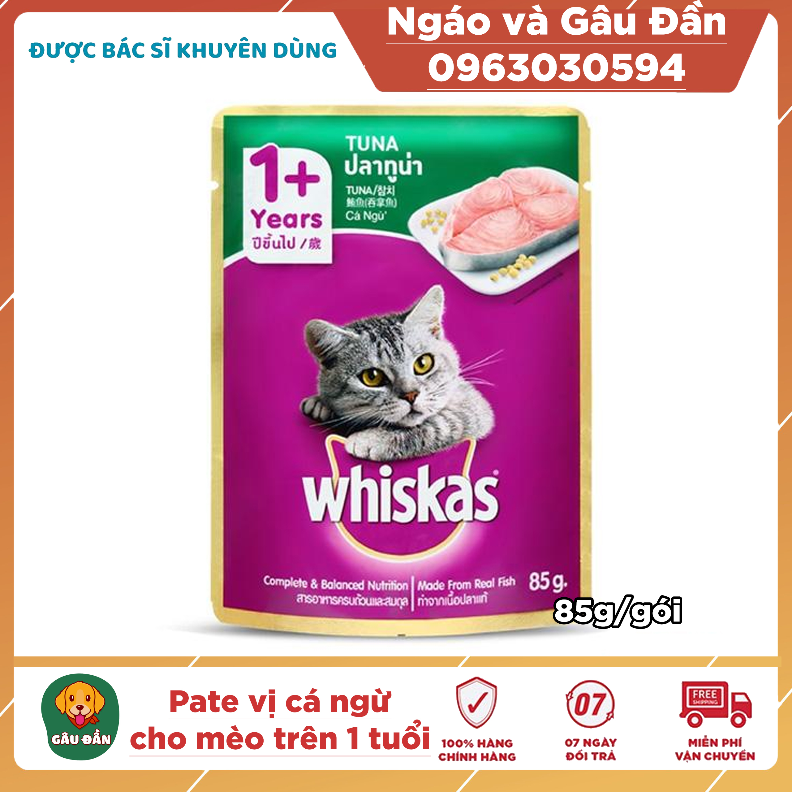 Thức ăn Pate Whiskas adult cho mèo trưởng thành 85gr Vị cá ngừ