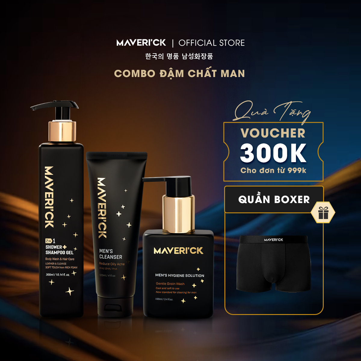 Combo đậm chất man Maverick Choice - sữa tắm gội 2 trong 1 250ml, sữa rửa mặt sáng da 150ml & dung dịch vệ sinh nam 120m