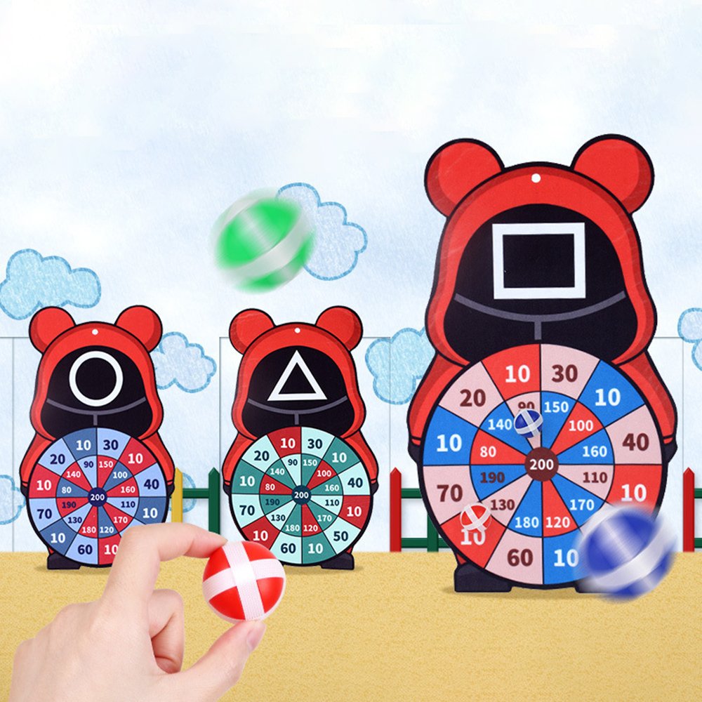 Bảng ném bóng dính Squid game, đồ chơi báng phi tiêu bóng dính tính điểm cho bé tặng kèm 3 bóng và móc treo tường