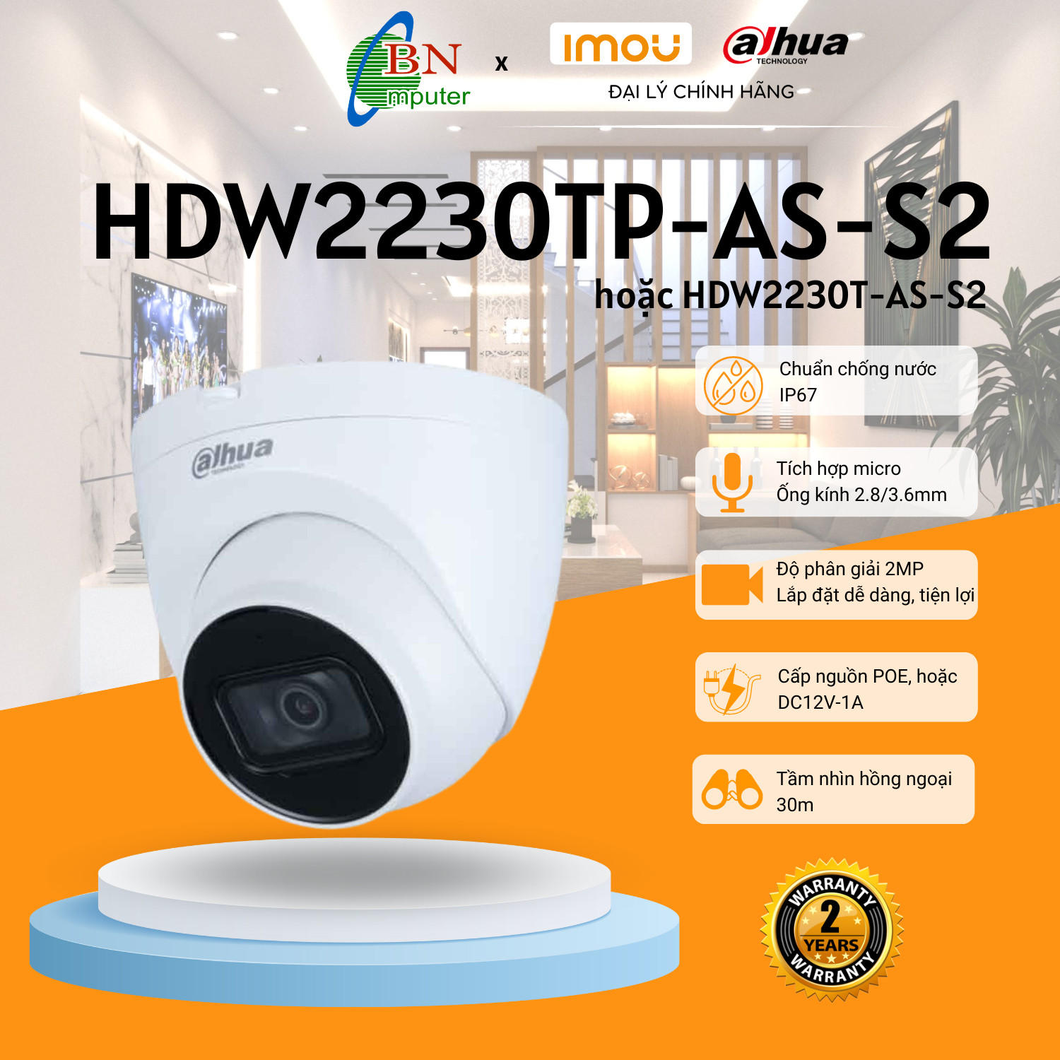Camera chạy dây mạng DH-IPC-HDW 2230TP-AS-S2 2.0Megapixels camera an ninh có mic chạy độc lập