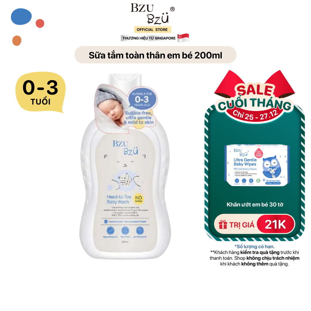 Sữa Tắm Gội Toàn Thân Em Bé BZU BZU Head to Toe Wash Dịu Nhẹ Mềm Mại Cho Da Dung Tích 200ml