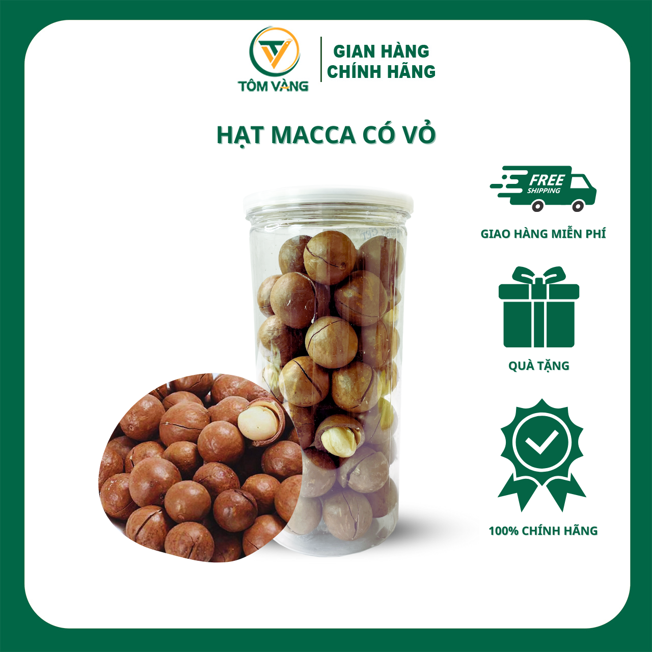 Hạt macca sấy nguyên vỏ tôm vàng - hộp 500g
