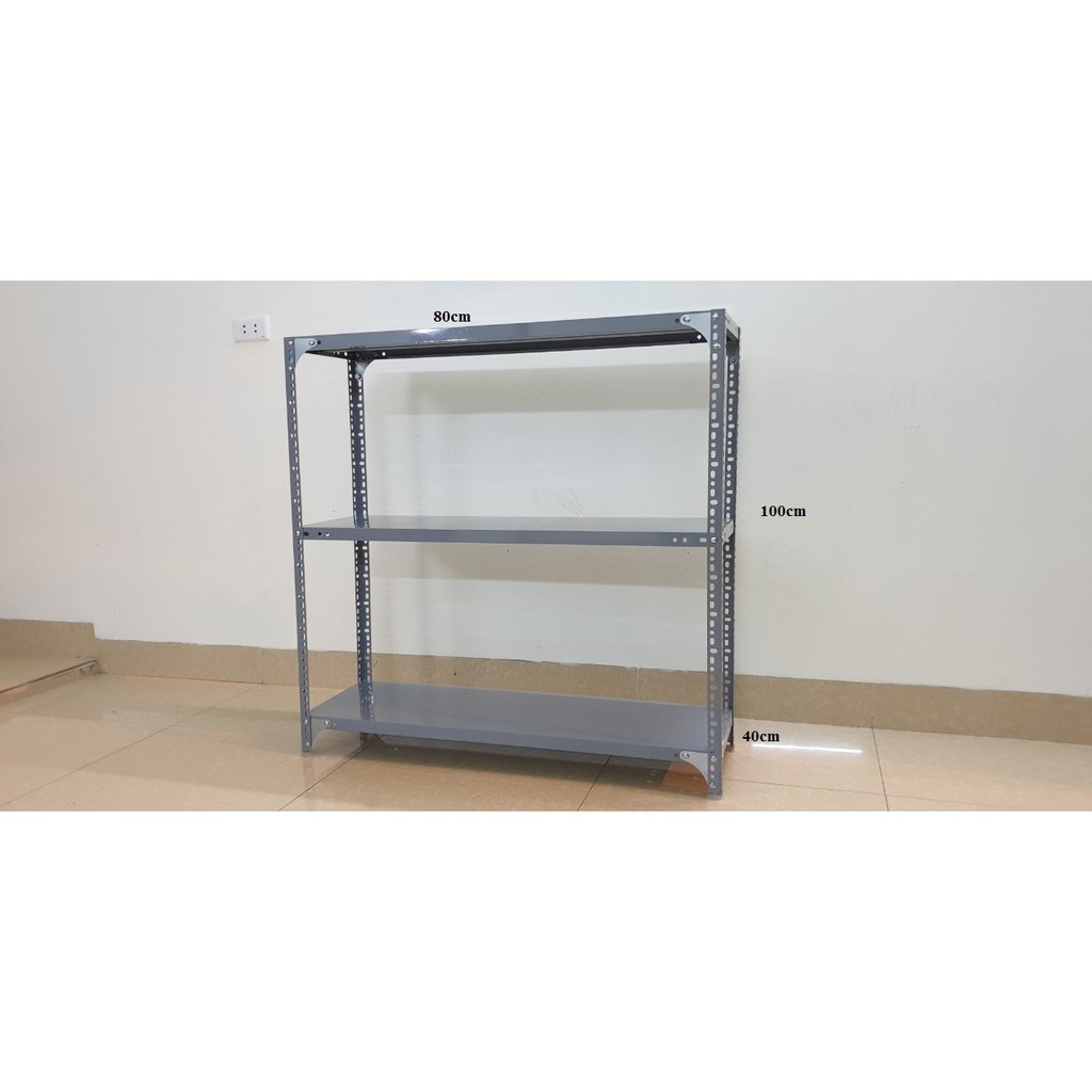 Kệ sắt v lỗ đa năng 3 tầng kt: dài 0,8 mét, rộng 0,4 mét, cao 1 mét