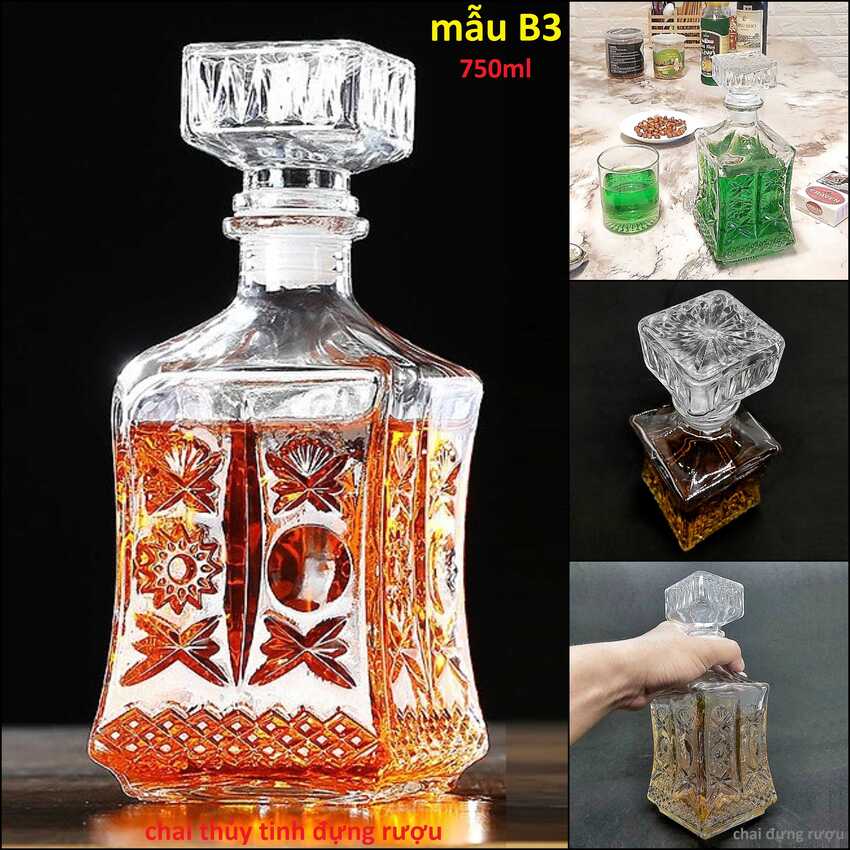 Bình Thủy Tinh Đựng Rượu 750ml cao cấp mẫu vuông vát eo - Vỏ Chai Thủy Tinh Đựng Rượu - Chai Đựng Rượu - Bình Đựng Rượu trong suốt (B3)