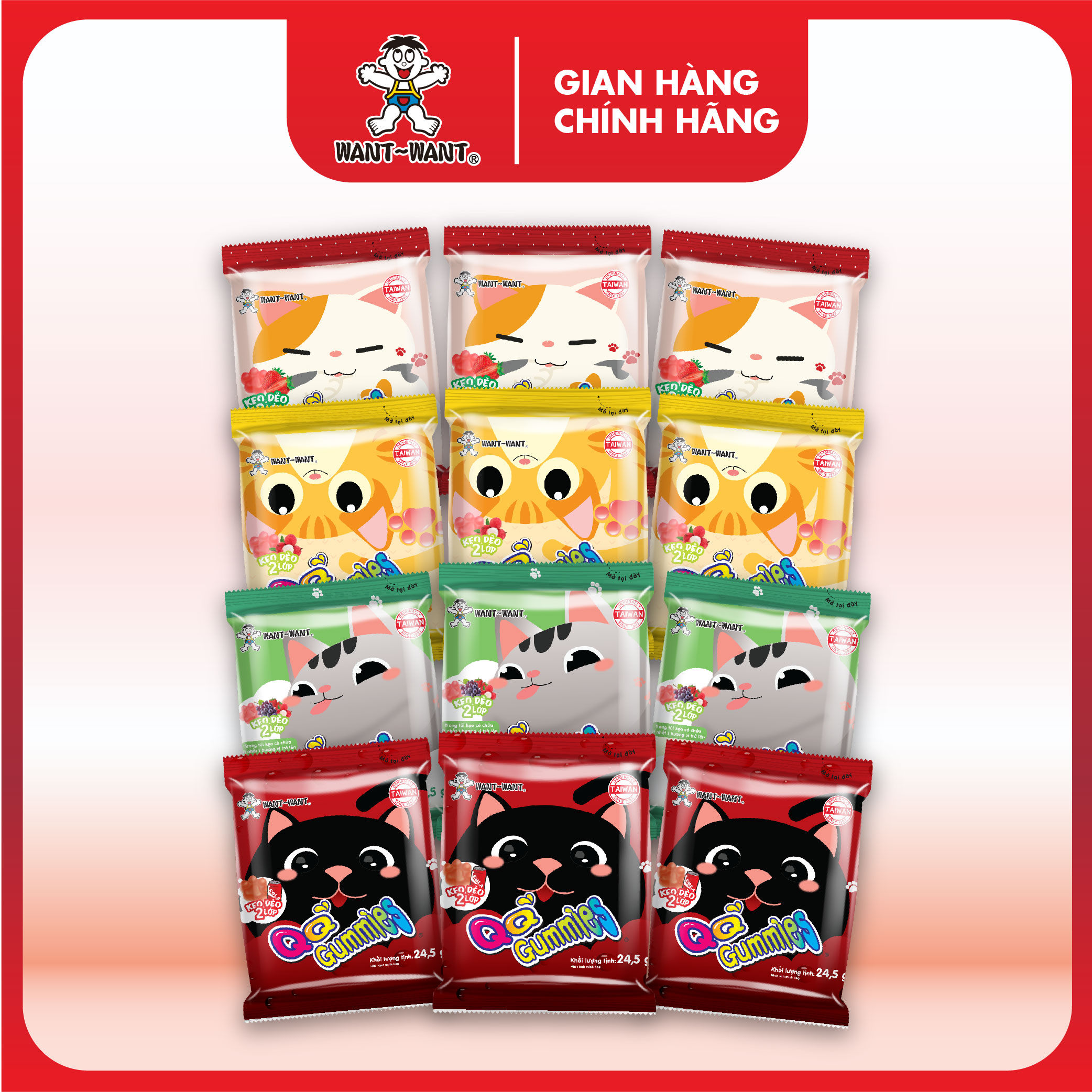  Combo Kẹo Dẻo Want Want QQ Gummies Chân Mèo 2 Lớp Nhiều Vị Gói 24.5g Kẹo Trái Cây Mềm Dẻo Thơm Ngon 
