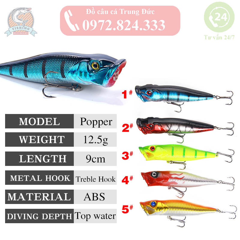 Mồi giả POP.PER câu nổi mặt nước chuyên Chẽm, Vòn, Vược, Mú 9cm - 12,5g