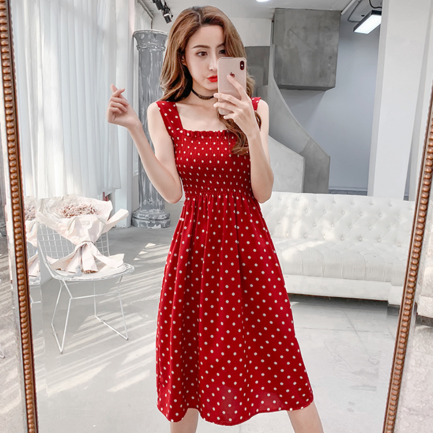 Đầm Chấm Bi Hai Dây Nhún Ngực Dễ Thương DN060 Shop Mây Váy Chấm Bi