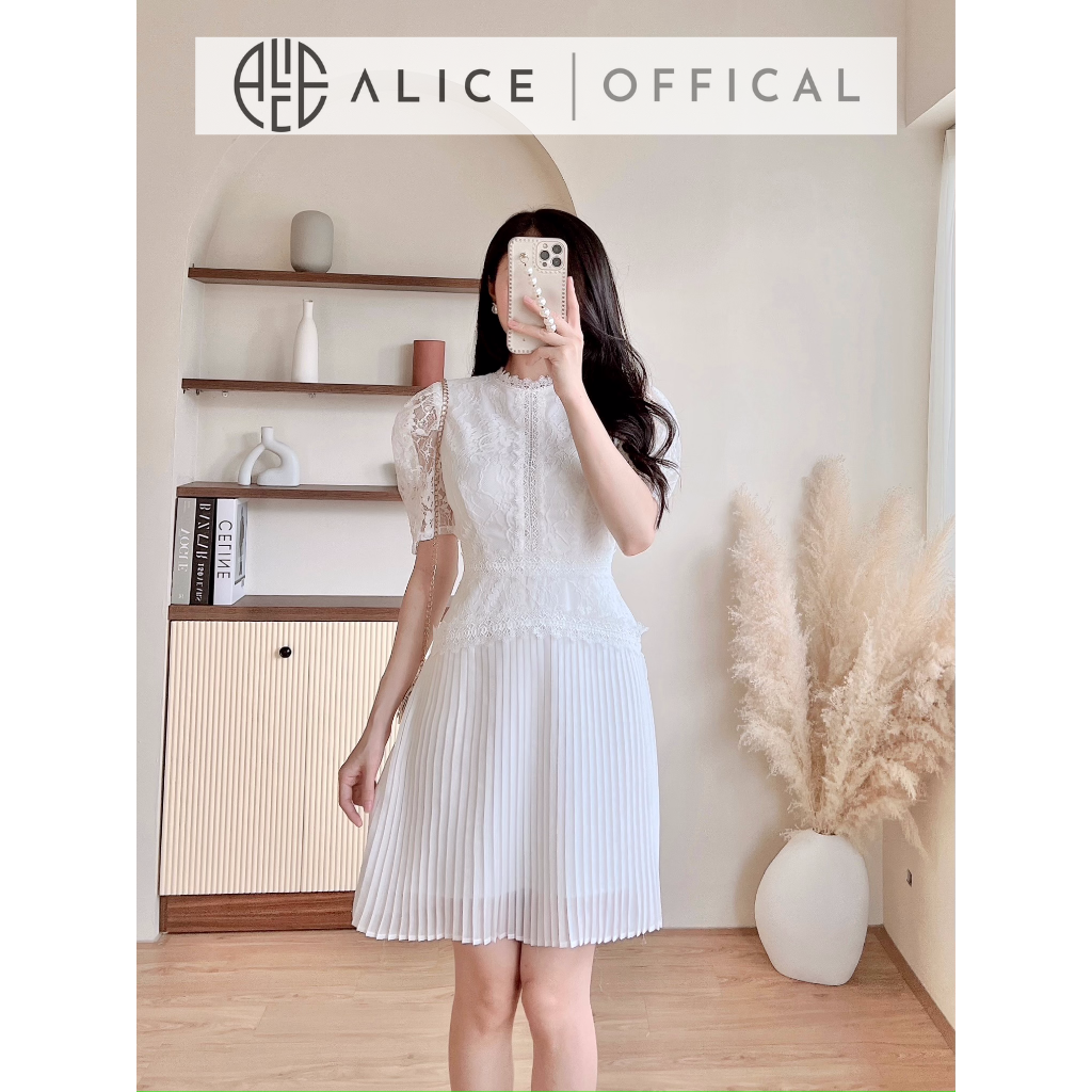Váy ren trắng công sở alice chất vải ren mềm mịn, thiết kế tay bồng phối dập ly v841