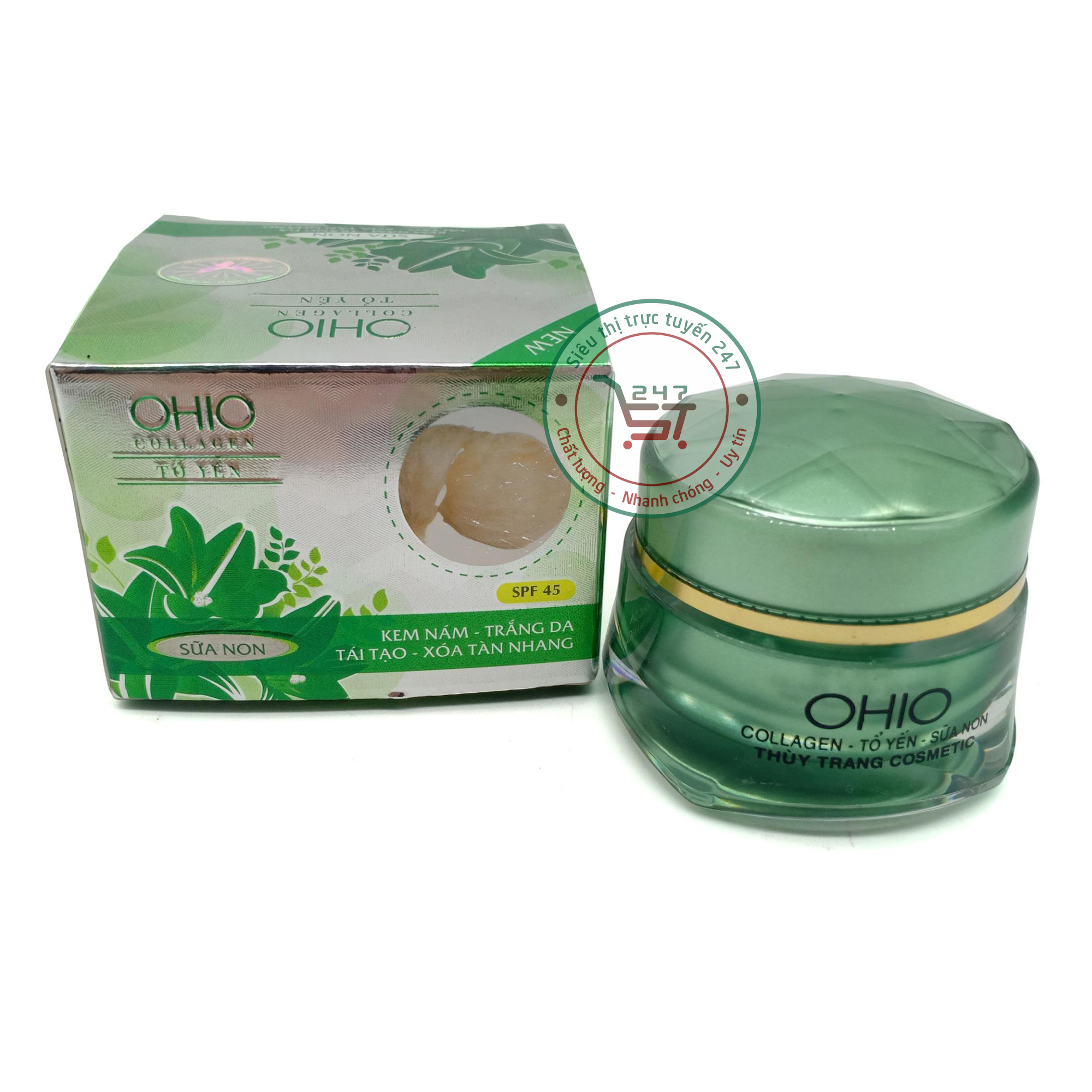 Kem Nám Tàn nhang dưỡng Trắng da mặt Giảm nhăn Tái tạo Se khít lỗ chân lông Ohio Collagen Sữa non Tổ Yến 18g (Xanh)
