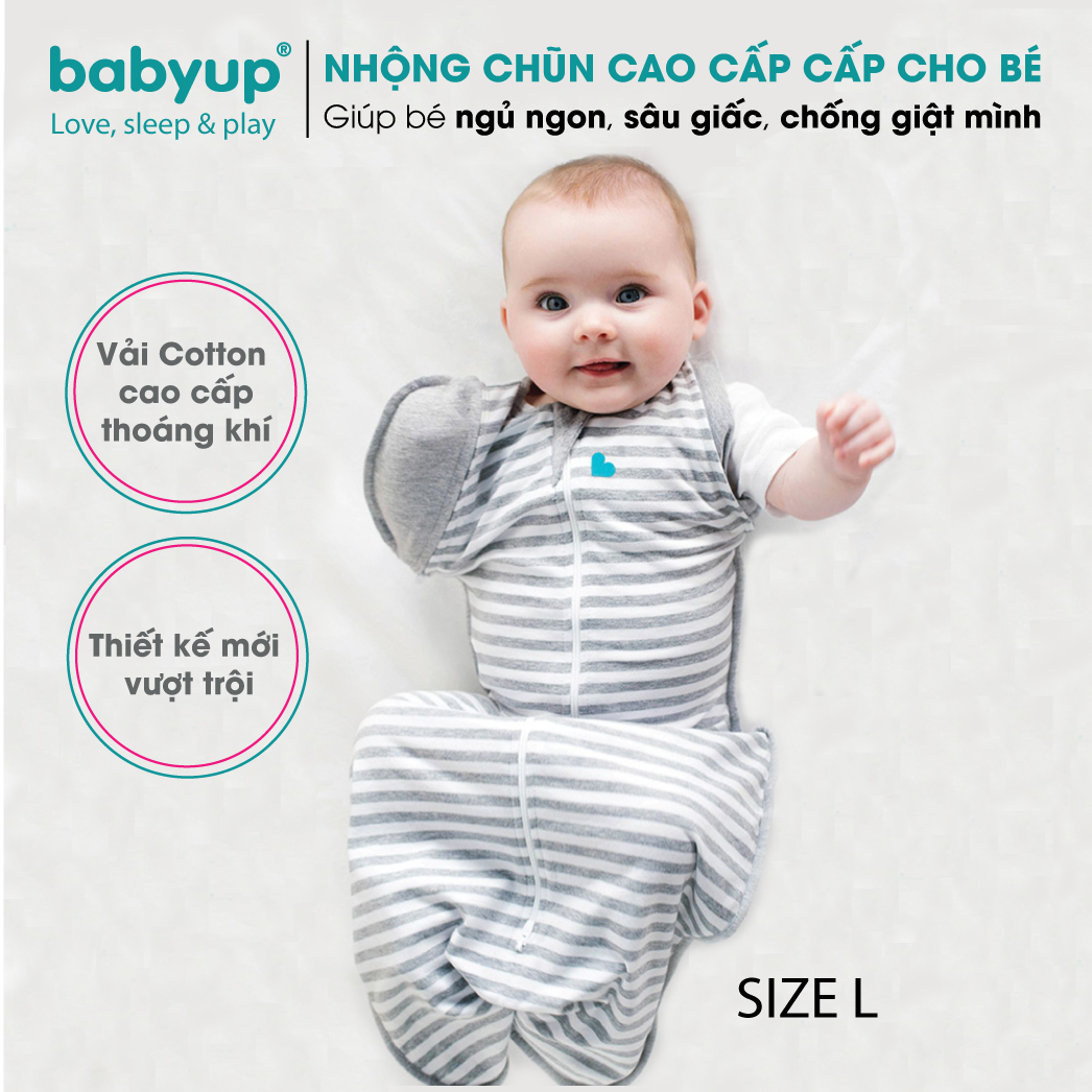 Nhộng ngủ cho bé cao cấp Babyup. Giúp bé ngủ ngon, sâu giấc, chống giật mình - Nhộng chũn Vải cotton co giãn 4 chiều, mềm mại thoáng mát - Có khóa kéo 2 chiều