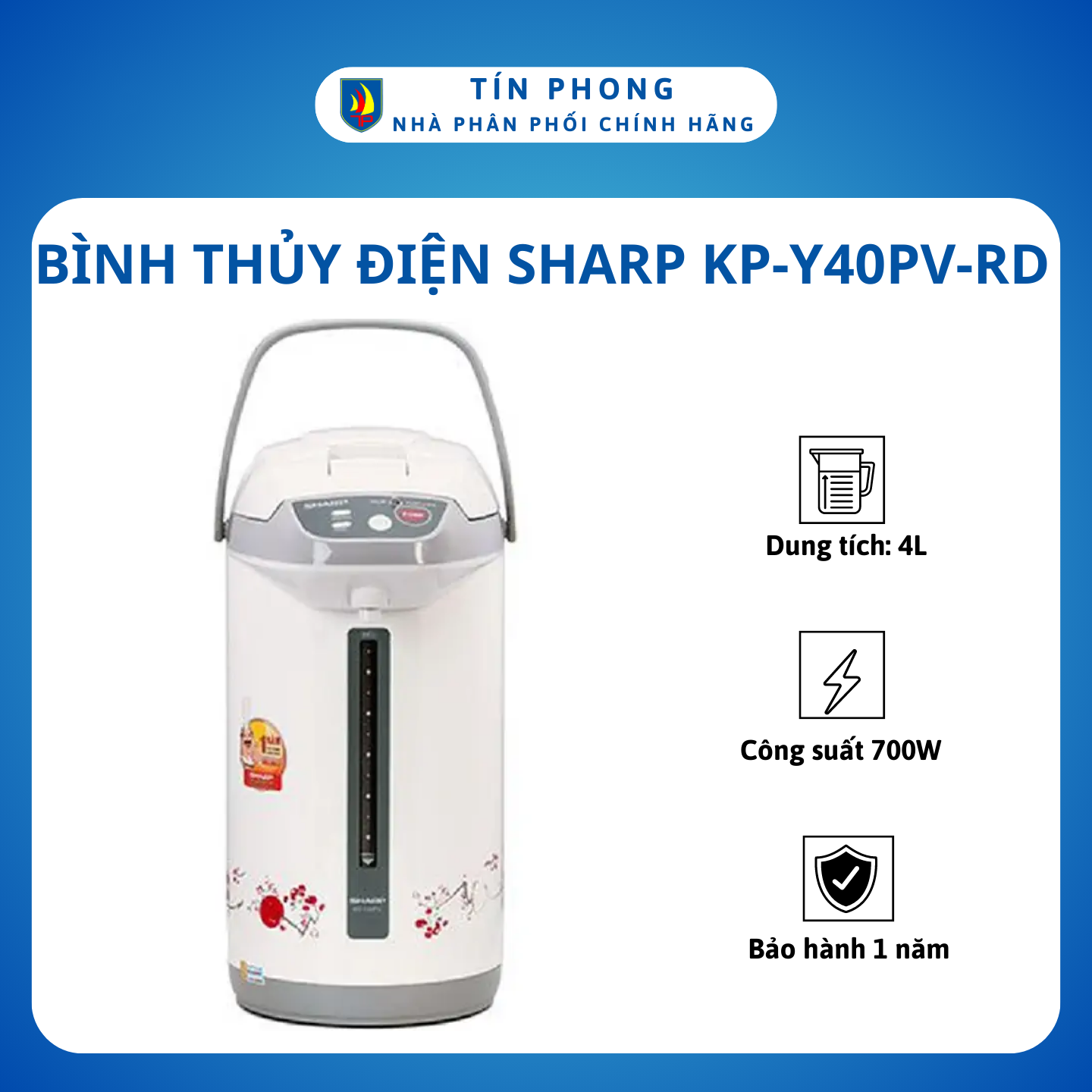 Bình thủy điện, phích nước sharp kp-y40pv "rd" - dung tích 4l -công suất 700w - bơm điện tử - khóa trẻ em - công nghệ nhật - hàng chính hãng