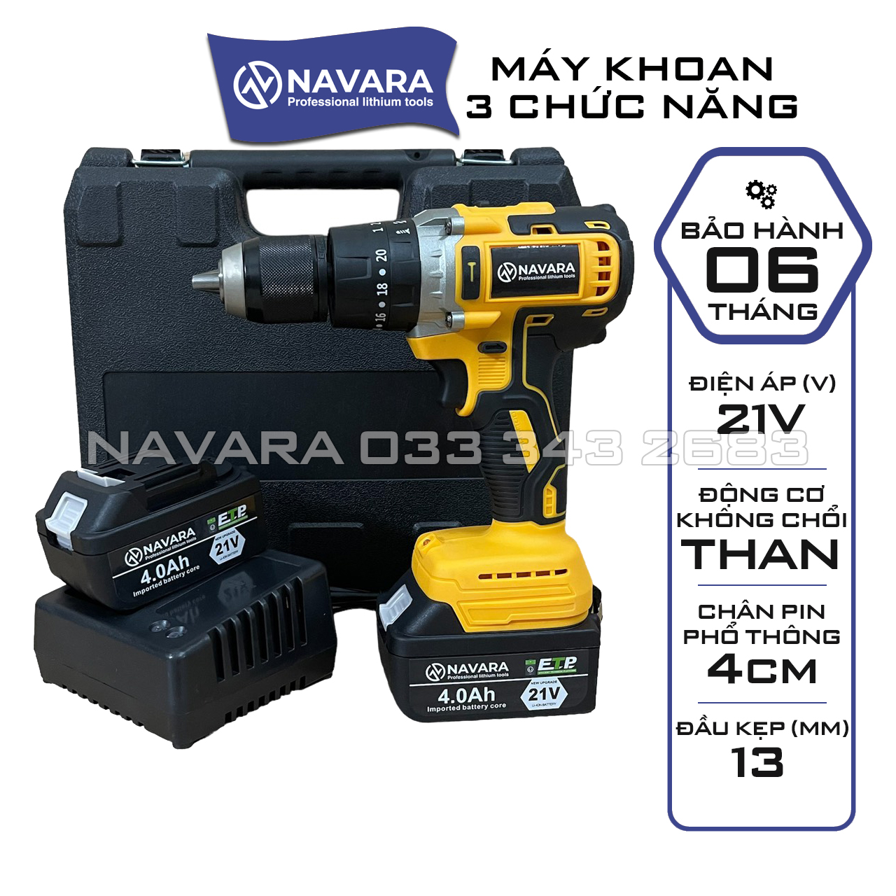 Máy khoan chạy pin NAVARA VÀNG 3 Chức Năng 13 ly, Động cơ Không chổi than, 100% dây đồng