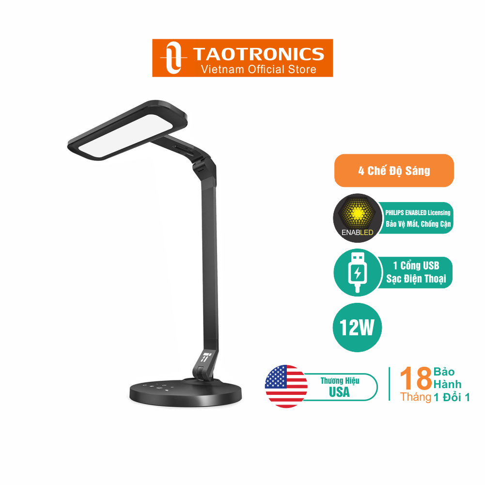 Đèn bàn học và đọc sách led taotronics chống cận và bảo vệ mắt tt-dl27, 12w, 4 chế độ sáng, tích hợp cổng sạc điện thoại - độc quyền chính hãng