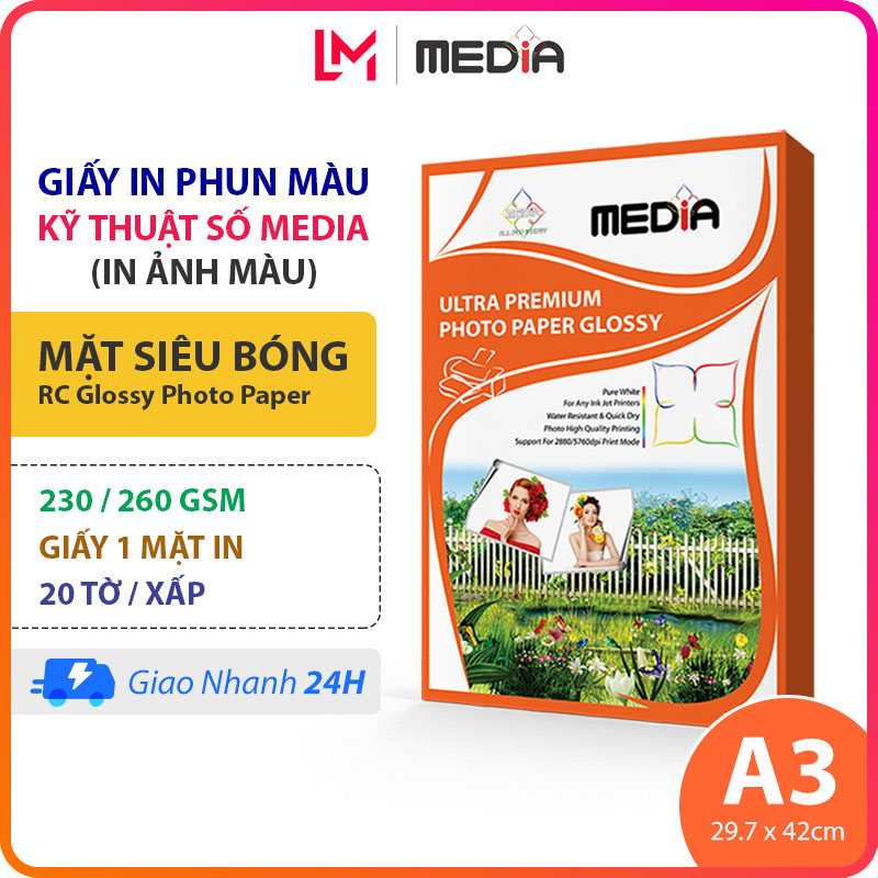 Giấy In Ảnh Media A3 Siêu Bóng 1 Mặt In 230/260gsm 20 Tờ, Giấy Ảnh Cao Cấp RC Glossy Photo Paper 30x42, Giấy In Phun Màu A3