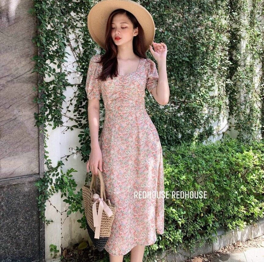 [HCM]Đầm Hoa Nhí Xẻ Tà Nhún Ngực Siêu Xinh Chất Lụa 100D Xịn Sò Nhé Khách-QC