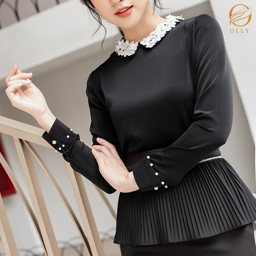 [KHUYẾN MẠI SỐC] Áo sơ mi nữ cổ tròn hoa lá đính cổ OLLY OA19.049