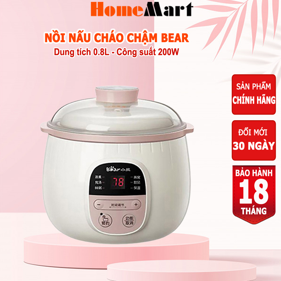 Nồi nấu cháo chậm BEAR 0.8L nồi nấu cháo cho bé, chưng yến, nấu chậm, HOMEMART – Hàng chính hãng bảo hành 18 tháng