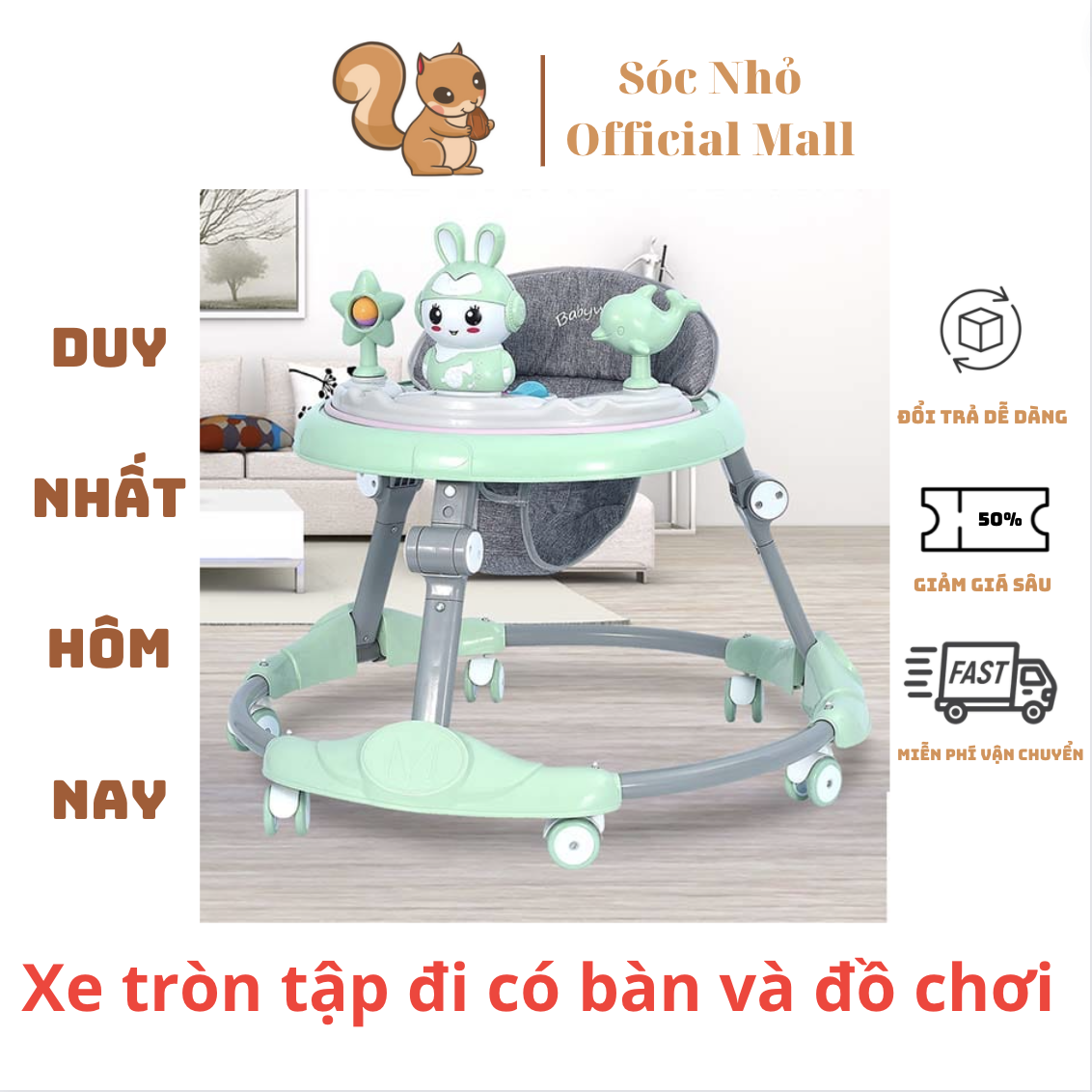Xe tròn tập đi cho bé , xe tập đi chạy tròn có nhạc , tay đẩy kết hợp bàn ăn dặm