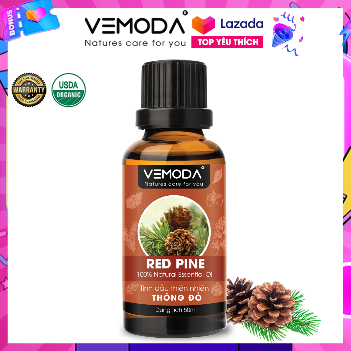 Tinh dầu Thông đỏ cao cấp Vemoda 50ML | Redpine Essential Oil.  Tinh dầu xông phòng. Tinh dầu thơm phòng mùi hương gỗ Thông Đỏ giúp khử mùi, kháng khuẩn, thanh lọc không khí, giảm đau, giữ ấm