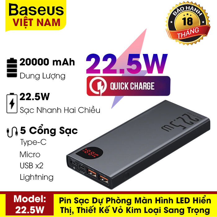 [BẢO HÀNH 18 THÁNG] Pin sạc dự phòng Baseus công suất 65W/ 22.5W, dung lượng 20000mAh màn hình LED hiển thị, thiết kế vỏ kim loại sang trọng