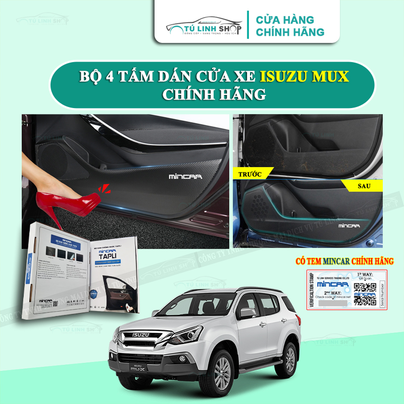 Bộ 4 Tấm dán Tapli xe ISUZU MUX chính hãng MINCAR, chống xước tapi cửa ô tô bằng Carbon Air Fiber cao cấp