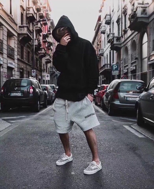 [HCM]Quần short nam nữ Essentials form ống rộng unisex chất thun vải poly 2 da 4 chiều co giãn thoáng mát lưng thun màu đen kem xám Useemi Việt Nam